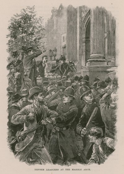 Manifestantes de la Reform League en Marble Arch, Londres (grabado) de English School
