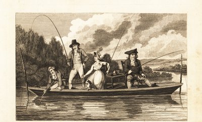 Caballeros y dama de la Regencia pescando en una barca en el río Támesis de English School