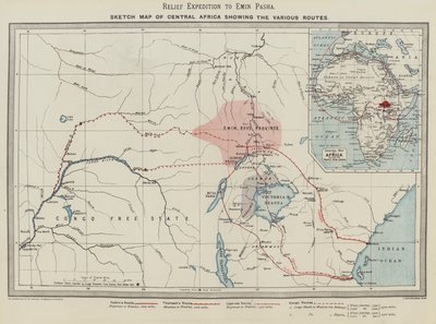 Expedición de Rescate a Emin Pasha, Mapa Esquemático de África Central mostrando las Varias Rutas (litografía en color) de English School