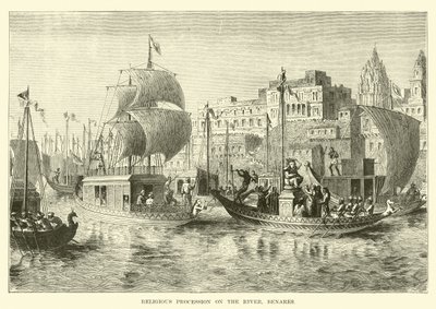 Procesión religiosa en el río, Benarés de English School