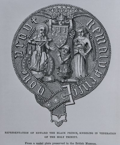 Representación de Eduardo el Príncipe Negro arrodillado en veneración de la Santísima Trinidad de English School
