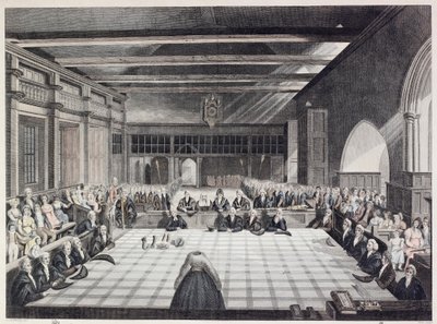 Representación de la ceremonia de presentación de los alguaciles de Londres (grabado en color) de English School