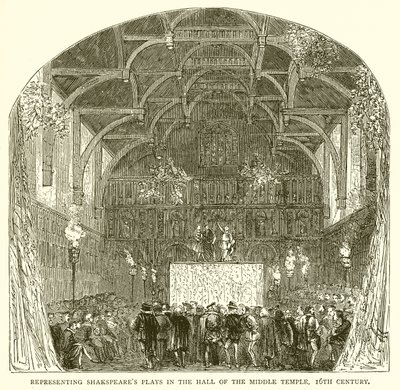 Representación de las obras de Shakespeare en el Salón del Middle Temple, siglo XVI de English School