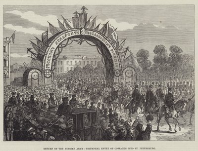 Retorno del Ejército Ruso, Entrada Triunfal de Cosacos en San Petersburgo (grabado) de English School