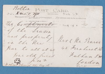 Reverso de la postal de jugadores del Bolton Wanderers FC, 1911-12 de English School