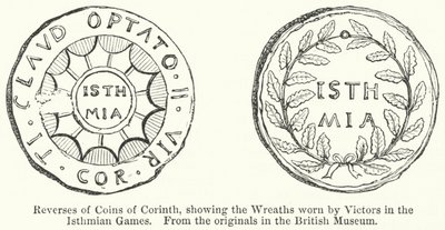 Reversos de monedas de Corinto, mostrando las coronas usadas por los vencedores en los Juegos Ístmicos (grabado) de English School