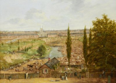 Rhobess Farm en 1844 (ahora Ampthill Square en Camden, Londres); lleva la inscripción "Todo lo que quedaba en el año 1844 de la antaño célebre Rhobess Farm Hampstead Road ahora Ampthill Square" (en el reverso de la etiqueta); óleo sobre tabla; 33 x 45,5 cm de English School