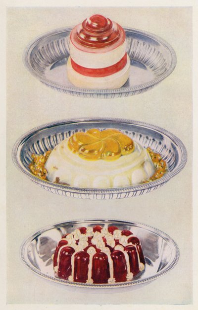 Gelatina de cinta; pudín de Venus; gelatina de vino y nata (litografía en color) de English School