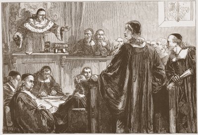 Richard Baxter ante el juez Jeffreys, ilustración de La Historia del Protestantismo de James Aitken Wylie, pub. 1878 de English School