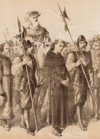 Richard Thirkill, "Vigilado por el sheriff y sus hombres" (litografía) de English School