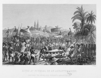 Ritos en el funeral de un jefe Ashantee, grabado por A. Thorn, de Religión Mundial, publicado por A. Fullarton & Co. de English School