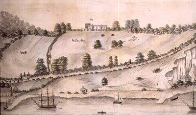 Paisaje fluvial con embarcaciones y el coche de Dover, c.1800 de English School