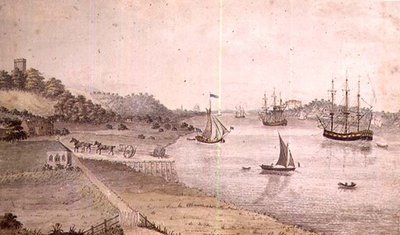 Paisaje fluvial con embarcaciones y el coche de Dover, c.1800 (tinta y lavado) de English School