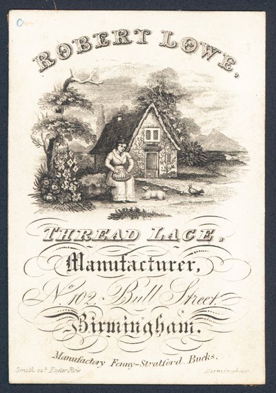 Robert Lowe, fabricante de encajes de hilo, tarjeta comercial de English School