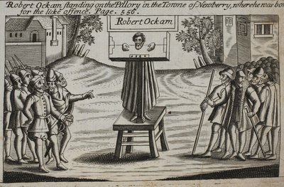 Robert Ockam en el cepo en la ciudad de Newberry, donde nació, ilustración de Hechos y Monumentos de John Foxe, novena edición, pub. 1684 de English School
