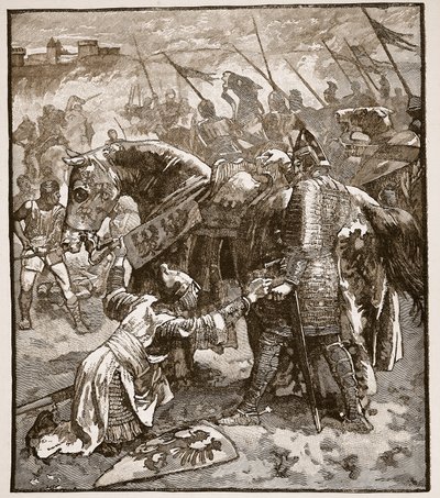 Robert pidiendo perdón a su padre, ilustración de Cassells Illustrated History of England de English School