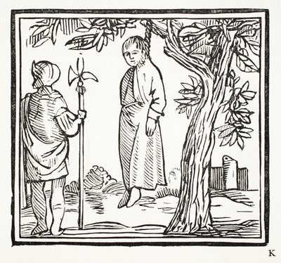 Robert se ahorca, ilustración de Chap-books del Siglo XVIII de John Ashton, pub. 1882 de English School