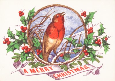 Petirrojo cantando en una rama, tarjeta de Navidad de English School