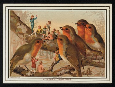 Petirrojos y un grupo de artistas, tarjeta de felicitación navideña. (cromolito) de English School
