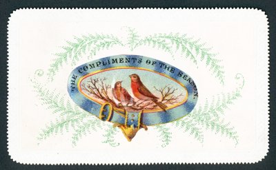 Petirrojos sentados en óvalo con helecho alrededor, Tarjeta de Navidad de English School