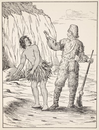 Robinson Crusoe y Viernes, ilustración de La historia de Robinson Crusoe: Una adaptación para niños siguiendo el lenguaje de Defoe, pub. por Griffith Farran Browne & Co. Limited, Londres de English School