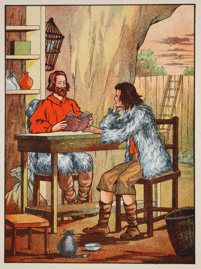 Robinson Crusoe y Viernes, ilustración de La historia de Robinson Crusoe: Una adaptación para niños siguiendo el lenguaje de Defoe, pub. por Griffith Farran Browne & Co. Limited, Londres de English School