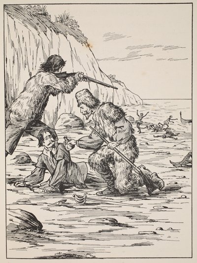 Robinson Crusoe y Viernes rescatando al español, ilustración de La historia de Robinson Crusoe: Una adaptación para niños siguiendo el lenguaje de Defoe, pub. por Griffith Farran Browne & Co. Limited, Londres de English School