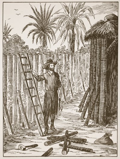 Robinson Crusoe construyendo su enramada, ilustración de La historia de Robinson Crusoe: Una adaptación para niños siguiendo el lenguaje de Defoe, pub. por Griffith Farran Browne & Co. Limited, Londres de English School