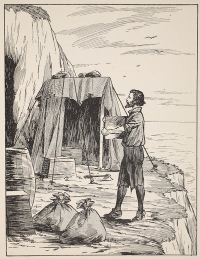 Robinson Crusoe construyendo su refugio, ilustración de La historia de Robinson Crusoe: Una adaptación para niños siguiendo el lenguaje de Defoe, pub. por Griffith Farran Browne & Co. Limited, Londres de English School