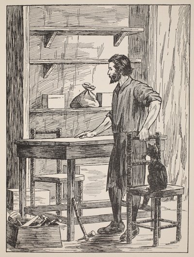 Robinson Crusoe construyendo mesa y sillas para su cueva, ilustración de La historia de Robinson Crusoe: Una adaptación para niños siguiendo el lenguaje de Defoe, pub. por Griffith Farran Browne & Co. Limited, Londres de English School