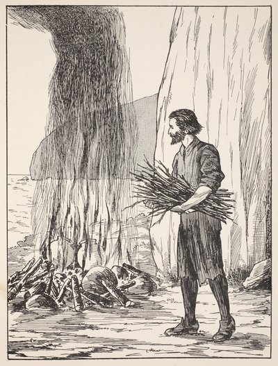 Robinson Crusoe cocinando, ilustración de La historia de Robinson Crusoe: Una adaptación para niños siguiendo el lenguaje de Defoe, pub. por Griffith Farran Browne & Co. Limited, Londres de English School