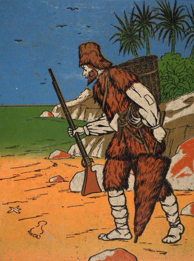 Robinson Crusoe, ilustración de La historia de Robinson Crusoe: Una adaptación para niños siguiendo el lenguaje de Defoe, pub. por Griffith Farran Browne & Co. Limited, Londres de English School