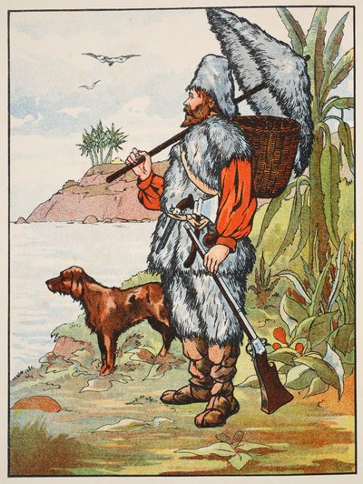 Robinson Crusoe, ilustración de La historia de Robinson Crusoe: Una adaptación para niños siguiendo el lenguaje de Defoe, pub. por Griffith Farran Browne & Co. Limited, Londres de English School