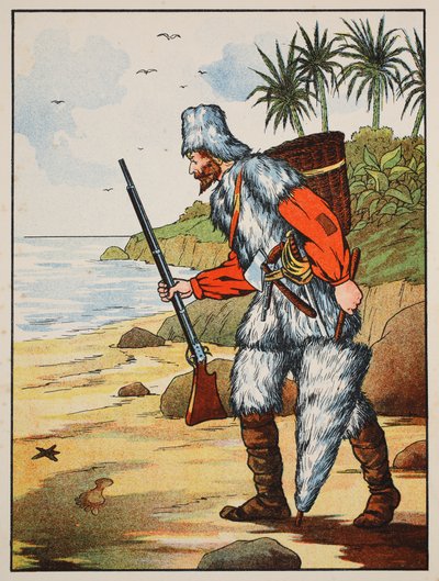 Robinson Crusoe, ilustración de La historia de Robinson Crusoe: Una adaptación para niños siguiendo el lenguaje de Defoe, pub. por Griffith Farran Browne & Co. Limited, Londres de English School