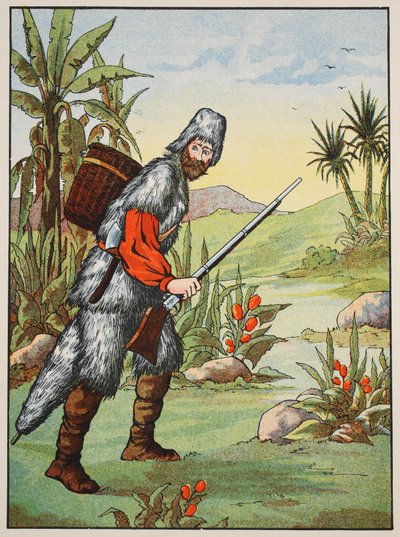 Robinson Crusoe, ilustración de La historia de Robinson Crusoe: Una adaptación para niños siguiendo el lenguaje de Defoe, pub. por Griffith Farran Browne & Co. Limited, Londres de English School