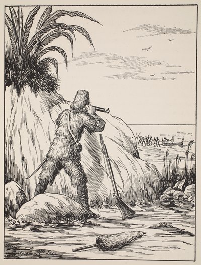 Robinson Crusoe, ilustración de La historia de Robinson Crusoe: Una adaptación para niños siguiendo el lenguaje de Defoe, pub. por Griffith Farran Browne & Co. Limited, Londres de English School