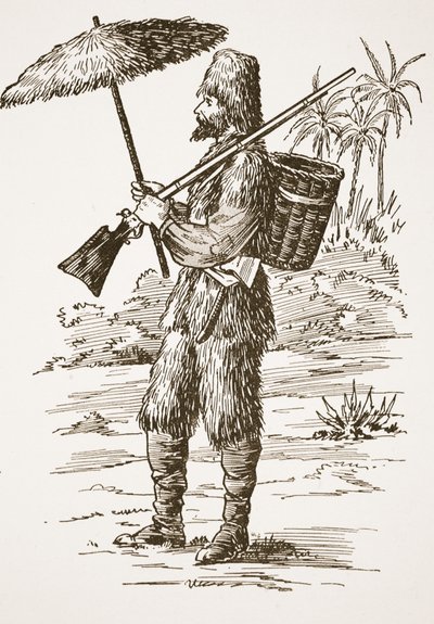 Robinson Crusoe, ilustración de La historia de Robinson Crusoe: Una adaptación para niños siguiendo el lenguaje de Defoe, pub. por Griffith Farran Browne & Co. Limited, Londres de English School