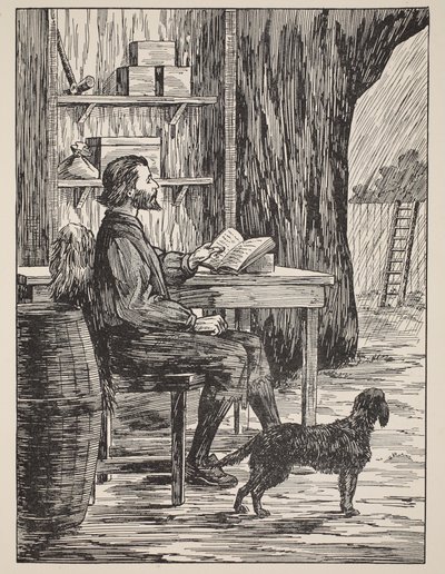 Robinson Crusoe en su cueva, ilustración de La historia de Robinson Crusoe: Una adaptación para niños siguiendo el lenguaje de Defoe, pub. por Griffith Farran Browne & Co. Limited, Londres de English School