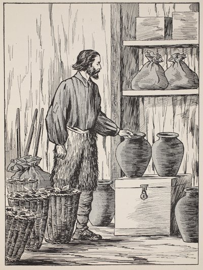 Robinson Crusoe en su almacén, ilustración de La historia de Robinson Crusoe: Una adaptación para niños siguiendo el lenguaje de Defoe, pub. por Griffith Farran Browne & Co. Limited, Londres de English School