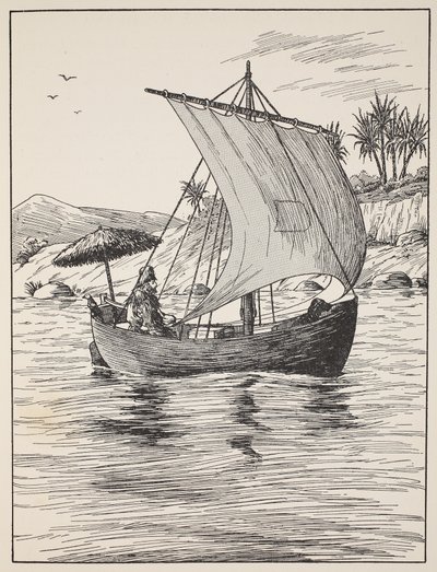 Robinson Crusoe en su bote, ilustración de La historia de Robinson Crusoe: Una adaptación para niños siguiendo el lenguaje de Defoe, pub. por Griffith Farran Browne & Co. Limited, Londres de English School