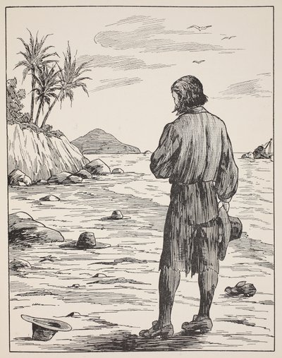 Robinson Crusoe en su isla, ilustración de La historia de Robinson Crusoe: Una adaptación para niños siguiendo el lenguaje de Defoe, pub. por Griffith Farran Browne & Co. Limited, Londres de English School