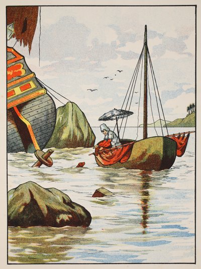 Robinson Crusoe rescatando a un perro de un naufragio español, ilustración de La historia de Robinson Crusoe: Una adaptación para niños siguiendo el lenguaje de Defoe, pub. por Griffith Farran Browne & Co. Limited, Londres de English School