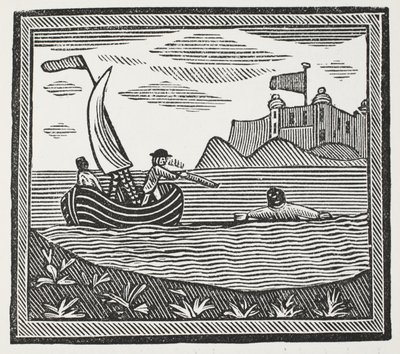 Robinson y Xury escapando de los moros, ilustración de Chap-books del siglo XVIII de John Ashton, pub. 1882 de English School