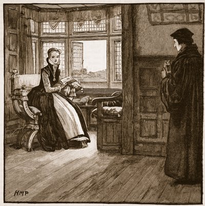 Visita de Roger Ascham a Lady Jane Grey, ilustración de la Historia Ilustrada de Inglaterra de Cassell de English School