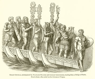 General romano, acompañado por abanderados y legionarios comunes, desembarcando desde un puente de barcos de English School