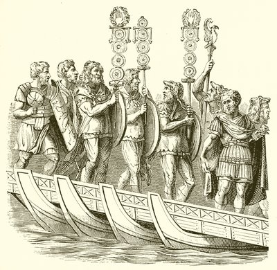 Soldados romanos cruzando un puente de barcos de English School