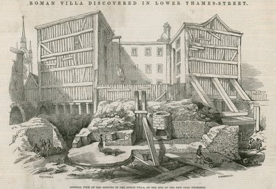 Villa romana descubierta en Lower Thames Street, Londres: Vista general de los restos de la villa romana en el sitio del nuevo Coal Exchange de English School