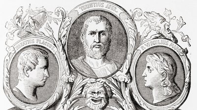 Autores romanos, de izquierda a derecha, Horacio, Terencio y Virgilio, de la Historia Ilustrada del Mundo de Ward y Lock, pub. c.1882 de English School