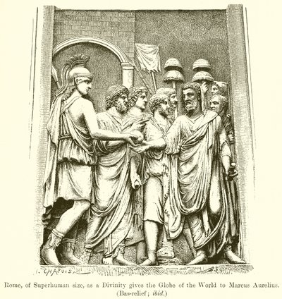 Roma, de Tamaño Sobrehumano, como una Divinidad entrega el Globo del Mundo a Marco Aurelio. (Bajo Relieve; ibid) de English School