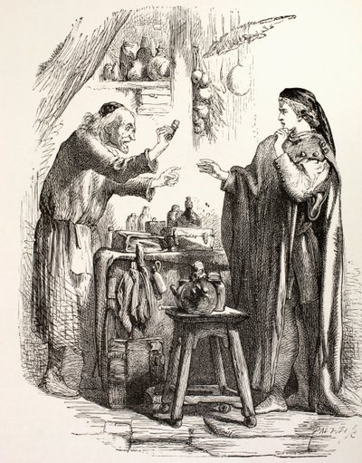 Romeo compra veneno del boticario, ilustración de Romeo y Julieta, de 